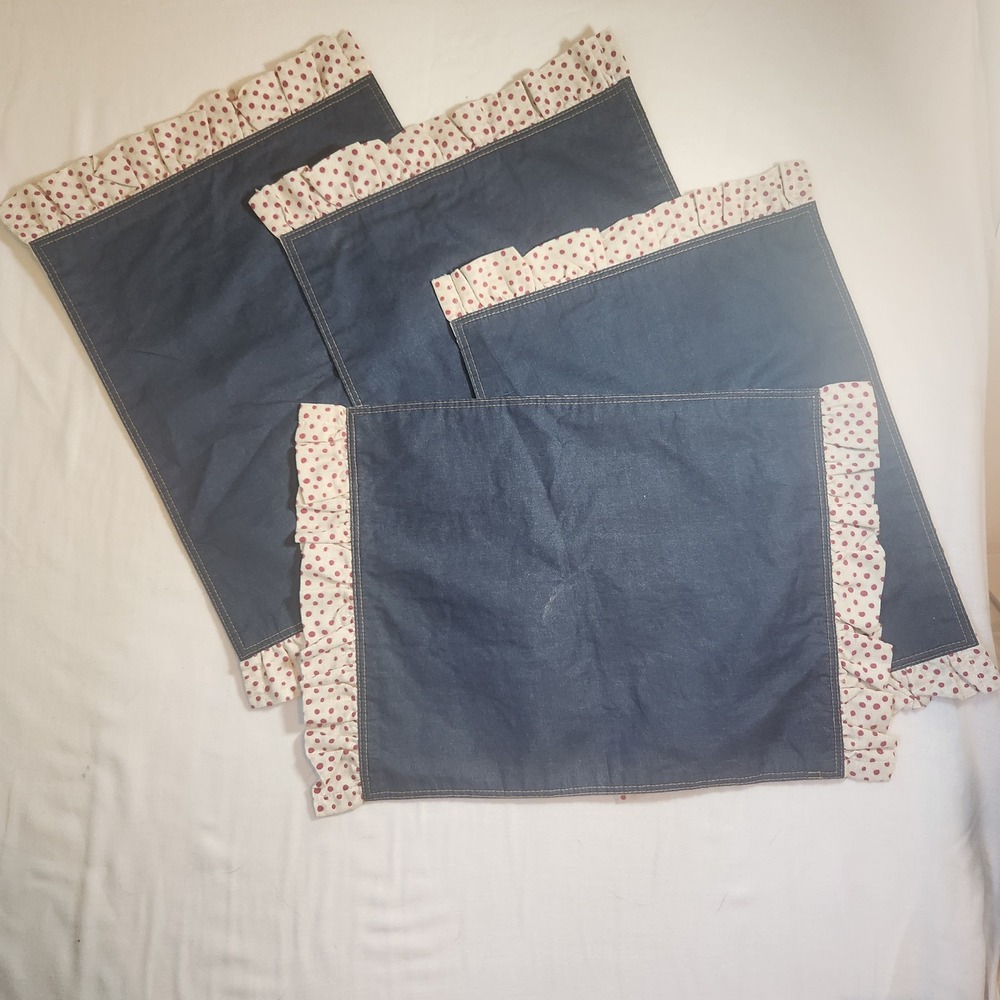 Vintage Denim and Polka Dot Reversible Placemats Set of 4 Ruffle Edge Farmhouse